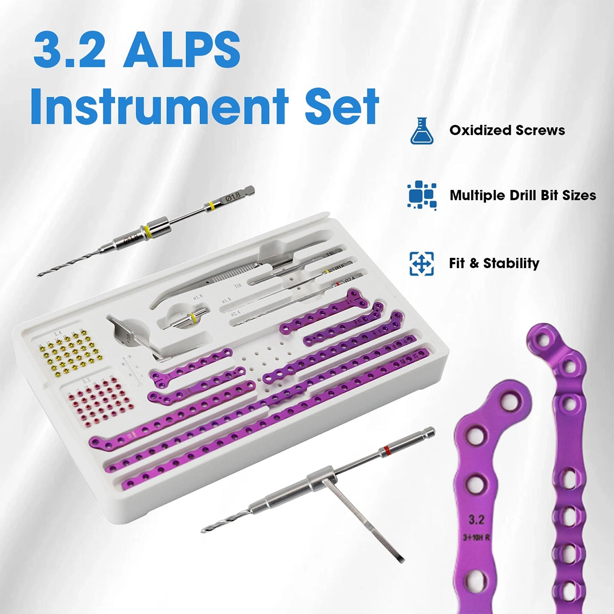 3.2mm ALPS Veterinary Titanium Instrument Set with Bone Plates and Screws - xcvet.com
