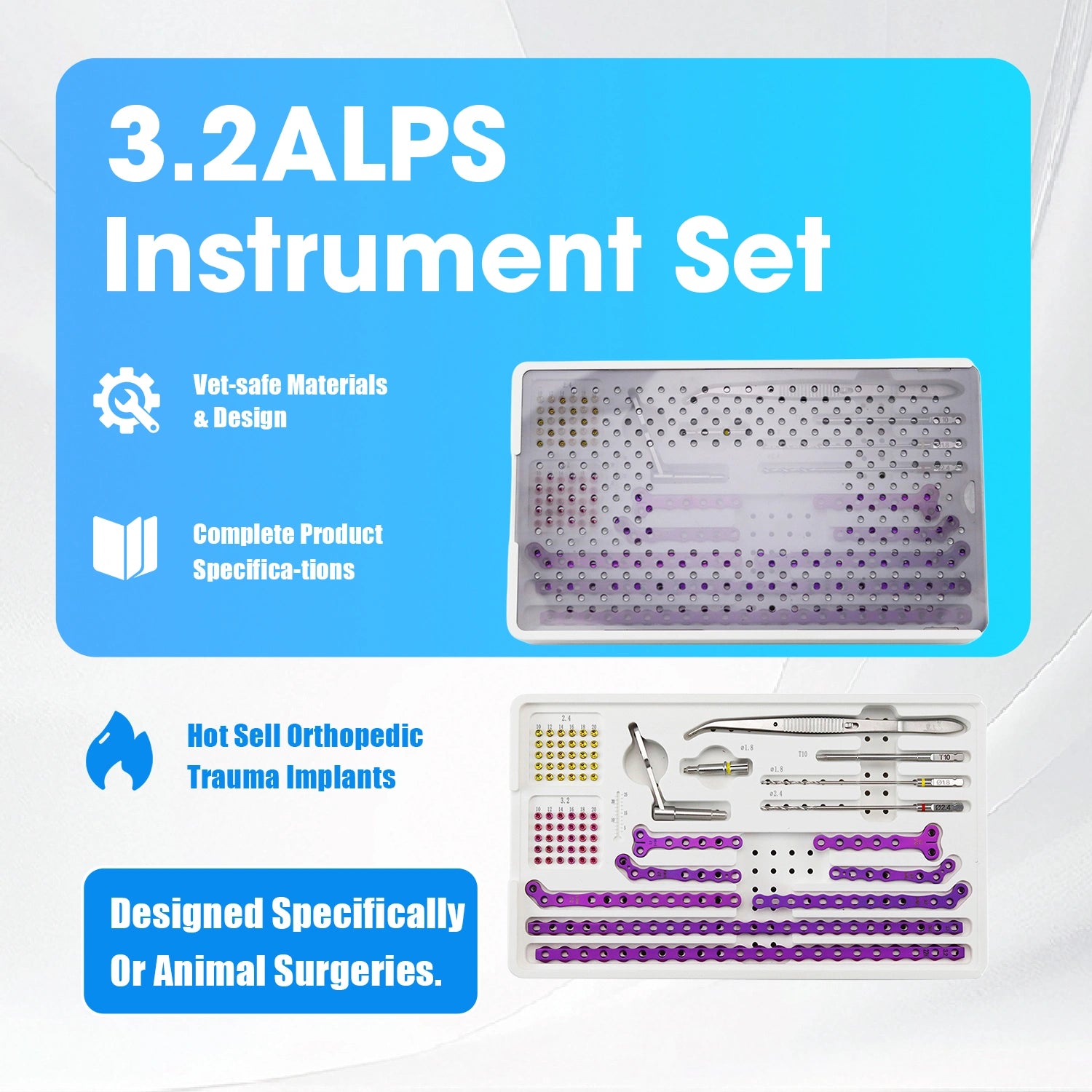 3.2mm ALPS Veterinary Titanium Instrument Set with Bone Plates and Screws