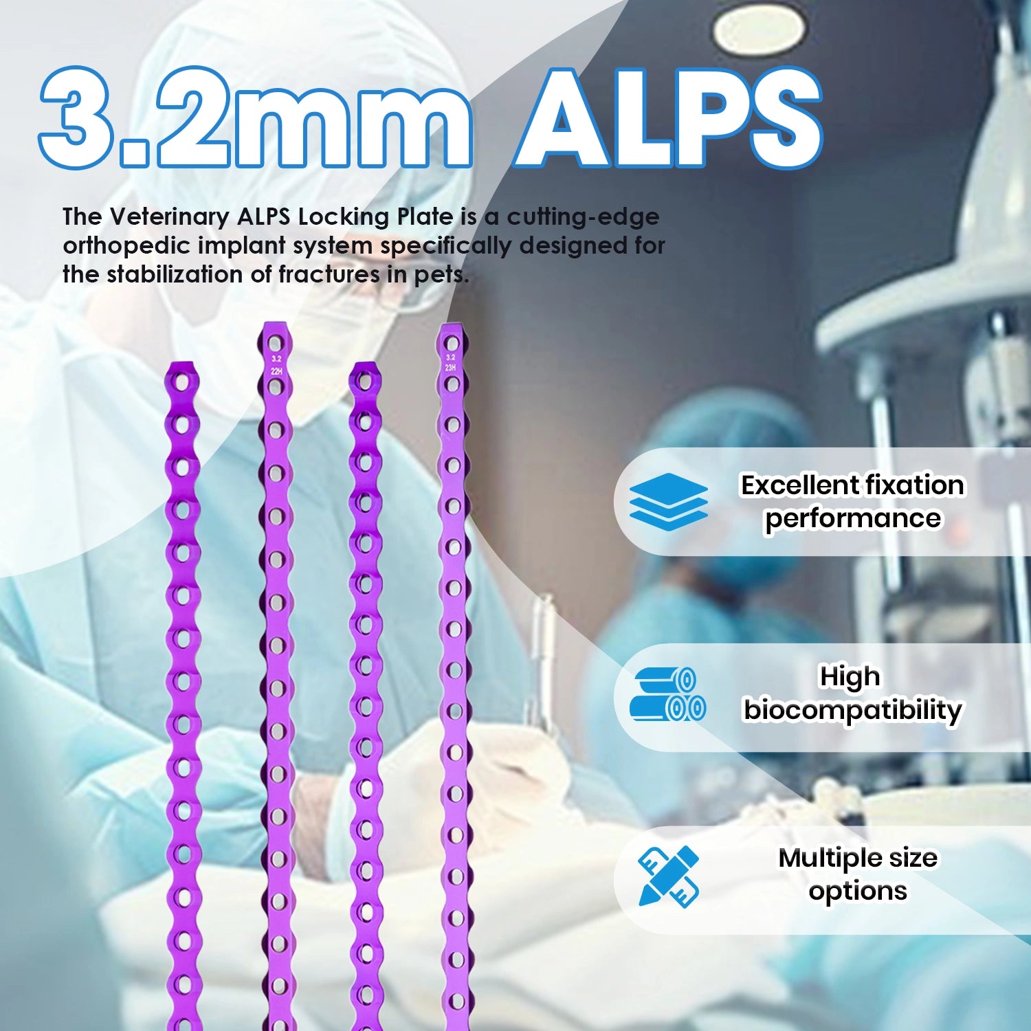 Veterinary 3.2mm ALPS Titanium Alloy Locking Plate with 22, 23, or 26 Holes - xcvet.com